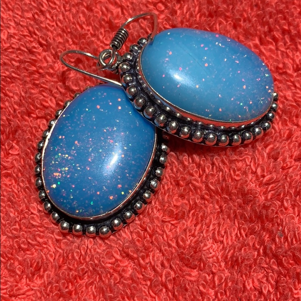 Glittering silver and rainbow moonstone earrings